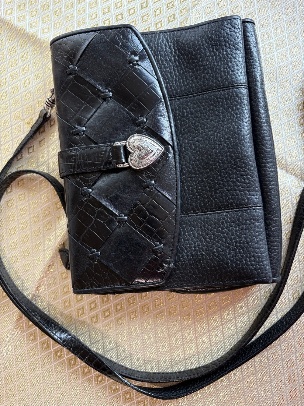 Brighton Black Quilted Crossbody with Heart Clasp 7 1/2”x 6”